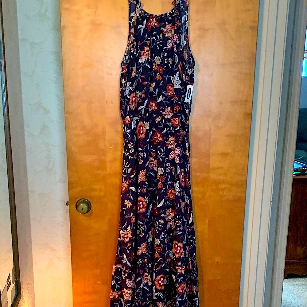 Old Navy Sleeveless Woven Braid Navy Floral Maxi Dress NWT